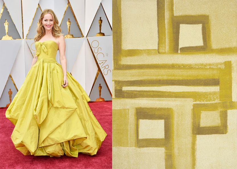 Leslie Mann's Zach Posen ballgown uses the same sunshine-y tones as our Ray Gold wild silk rug.